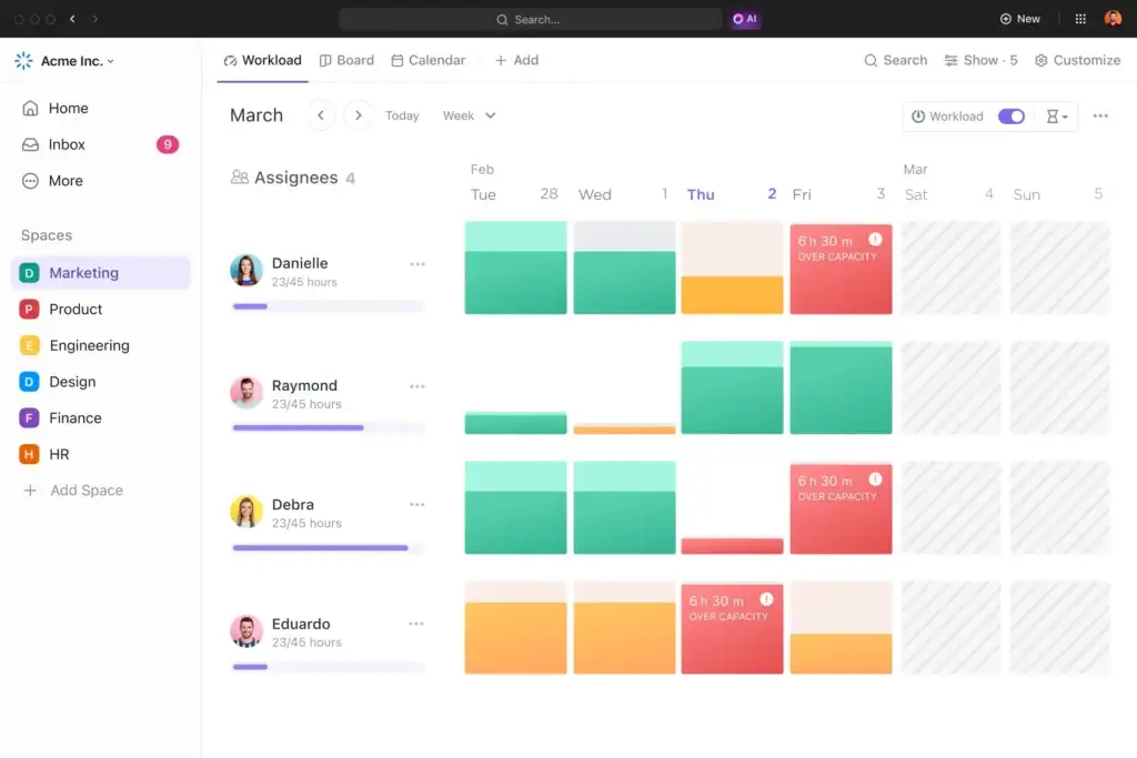 ClickUp Workload view showing team capacity and overallocated assignees