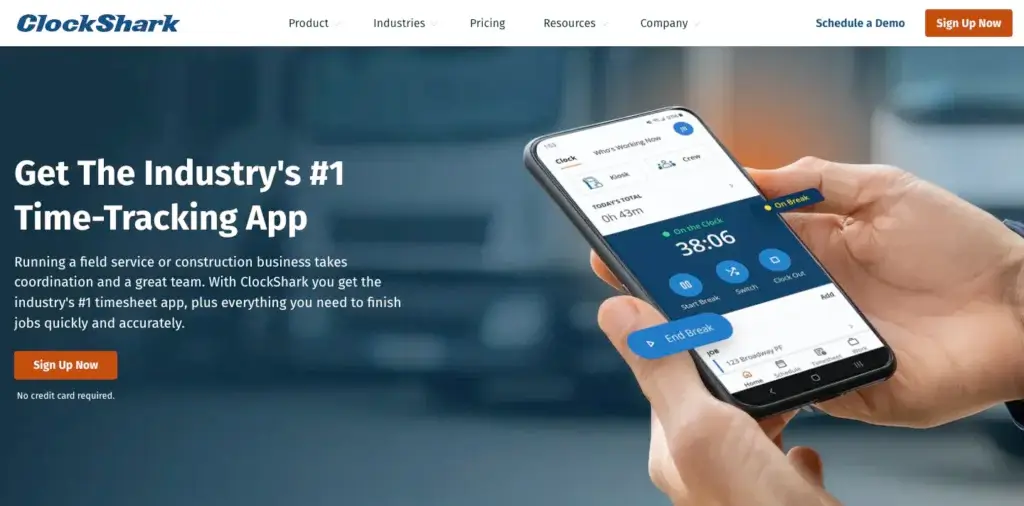 ClockShark homepage showing its mobile time tracking app with clock, break, crew, and job controls