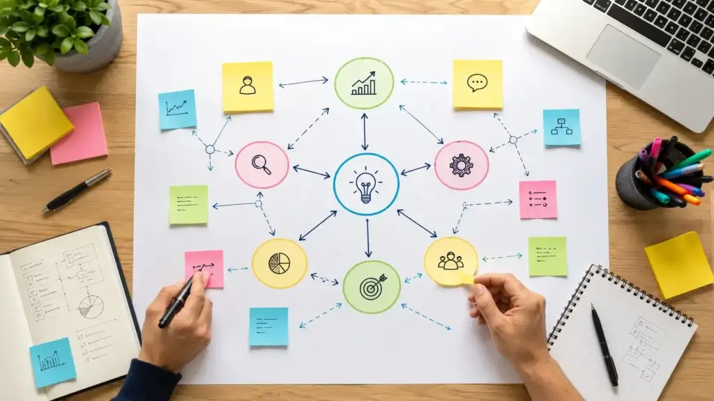 Collaborative concept map with sticky notes, icons, arrows, and connected ideas