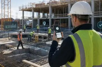 Construction supervisor using a mobile time tracking app with GPS markers and a geofence around an active jobsite