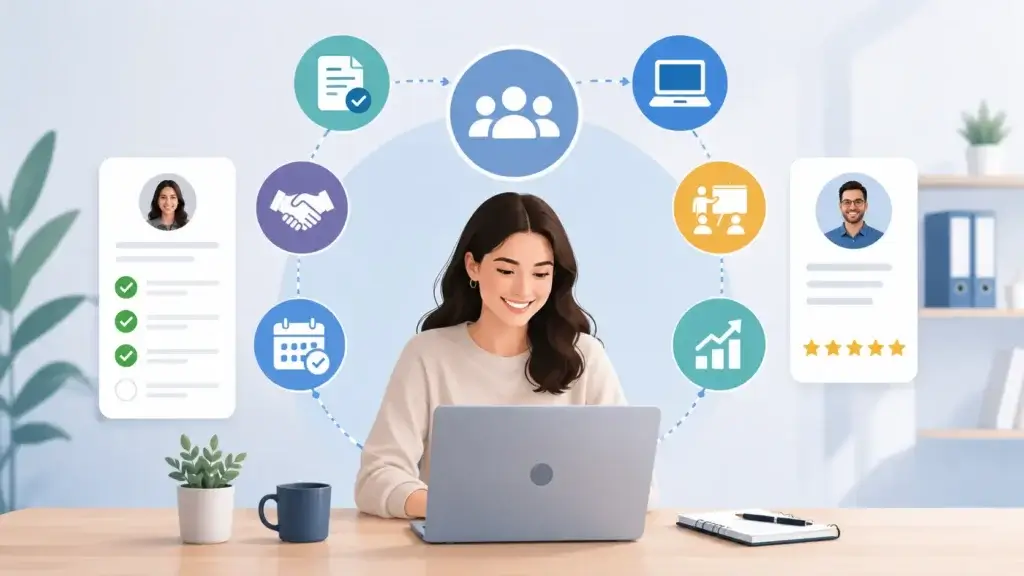 Employee onboarding workflow with checklist, training, documents, and team icons