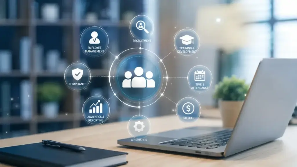 HR management system with employee, payroll, compliance, recruitment, and analytics icons