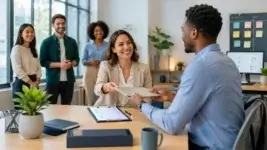 HR manager welcoming a new employee during onboarding