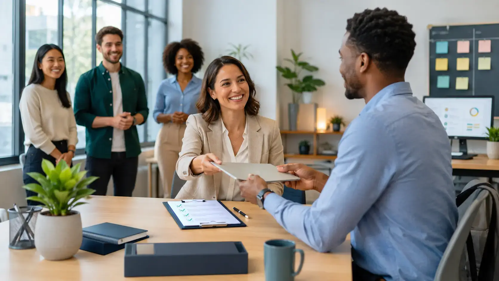 HR manager welcoming a new employee during onboarding