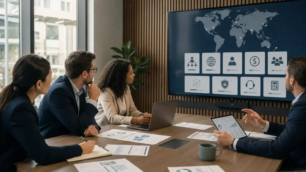 Business team comparing EOR providers by global coverage, payroll, security, support, and pricing