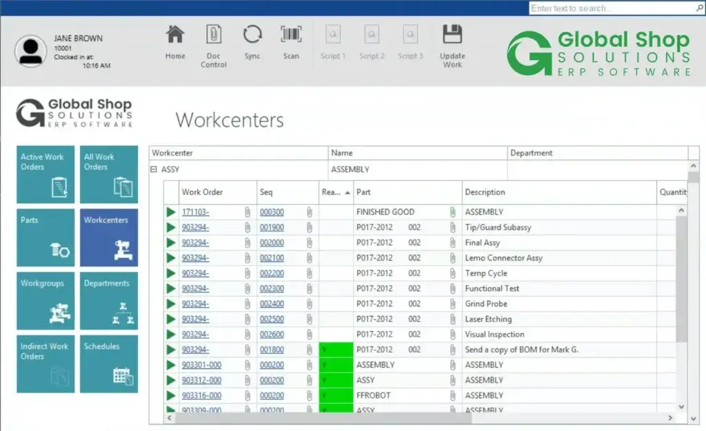 Global Shop Solutions workcenters screen with work orders and production steps