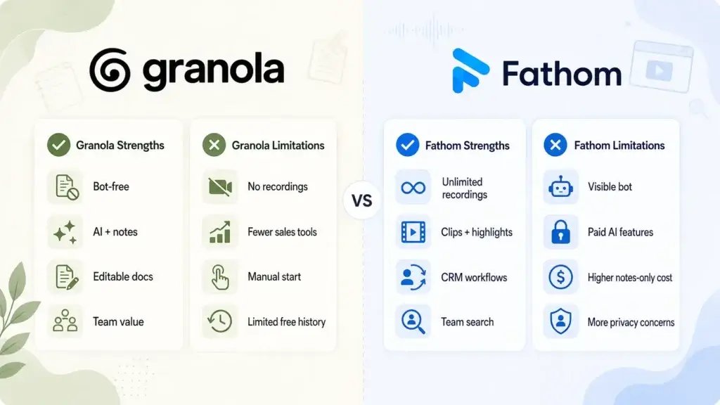 Granola vs Fathom pros and cons showing strengths and limitations of both AI meeting note takers
