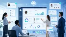 HR software dashboard showing employee profiles, analytics, payroll, and team workflows