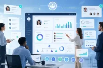 HR software dashboard showing employee profiles, analytics, payroll, and team workflows