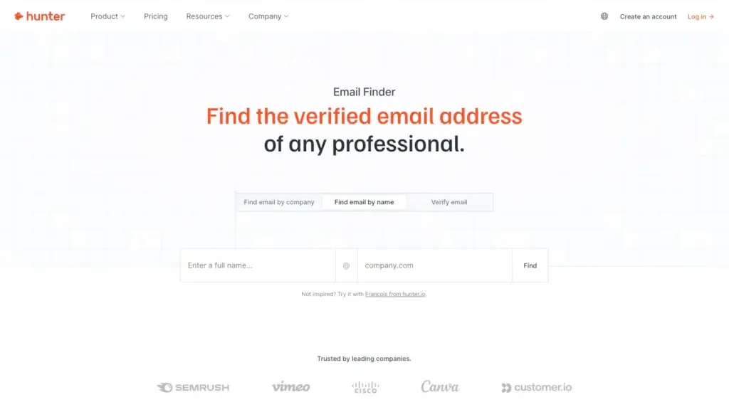 Hunter email finder interface for locating a verified professional email address by name and company domain