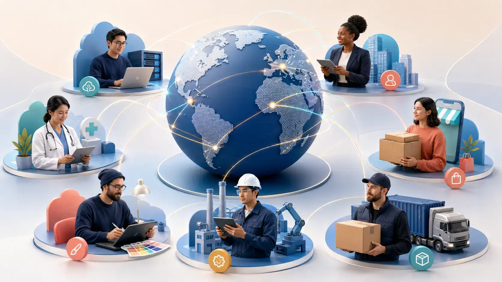 Global professionals across technology, healthcare, retail, manufacturing, creative work, and logistics