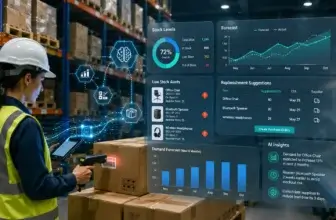 AI inventory management dashboard showing stock levels and forecasting insights. Inventory management and AI