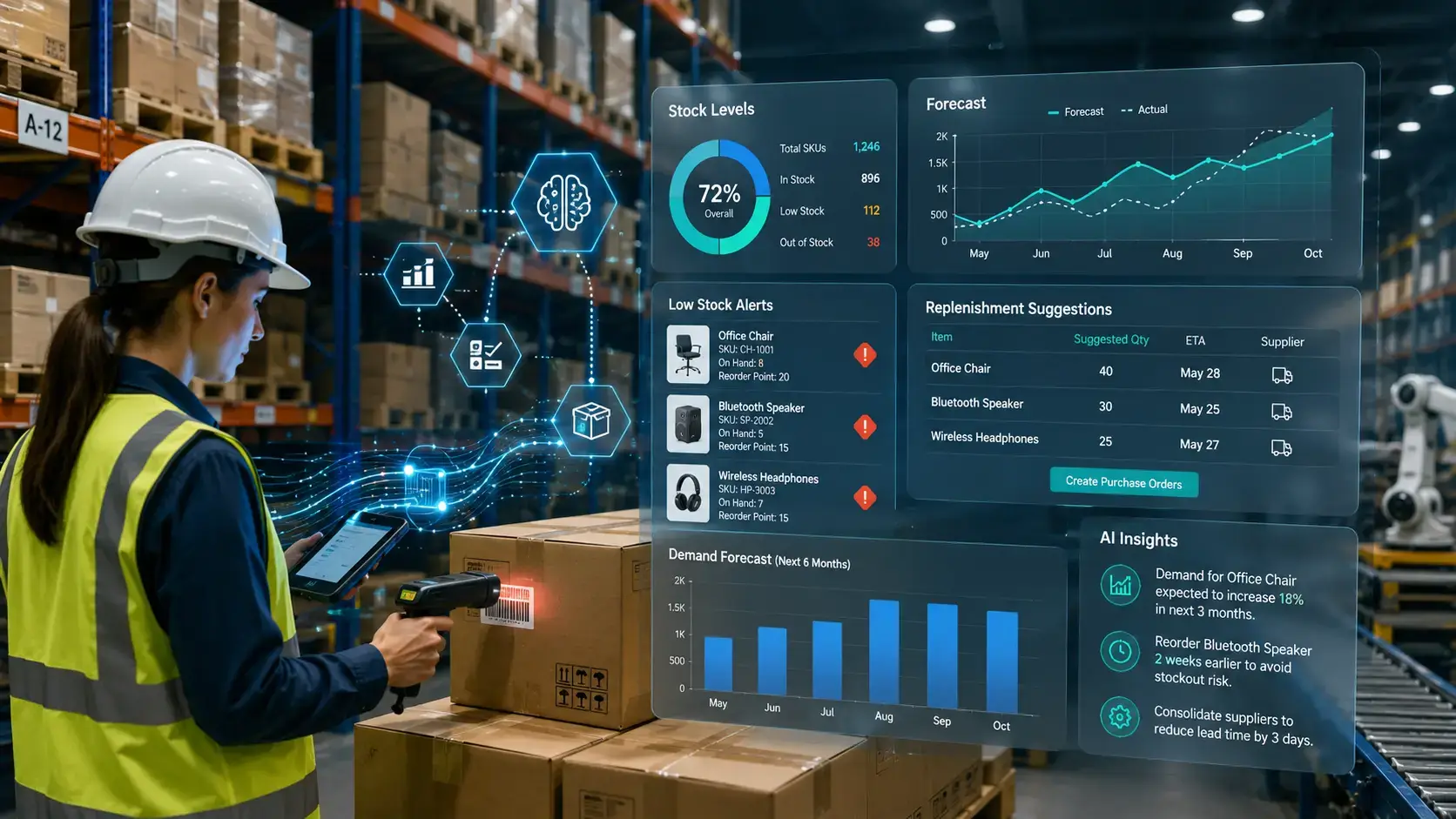 AI inventory management dashboard showing stock levels and forecasting insights. Inventory management and AI