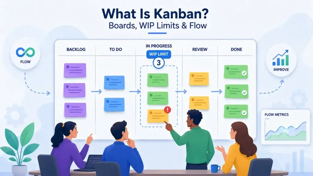 Kanban board showing backlog, to do, in progress, review, done, WIP limits, and flow metrics