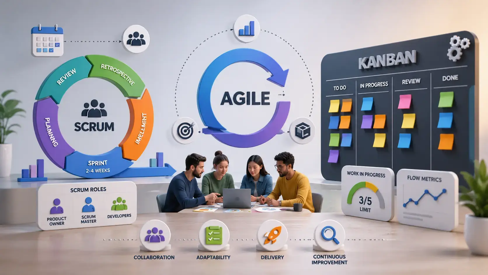 Agile, Scrum, and Kanban comparison with sprint cycle, Kanban board, roles, and flow metrics