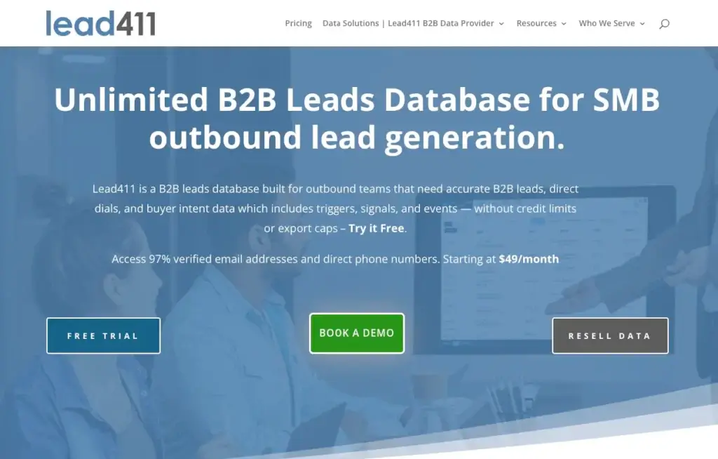 Lead411 homepage promoting verified B2B leads, direct dials, buyer intent data, and unlimited exports