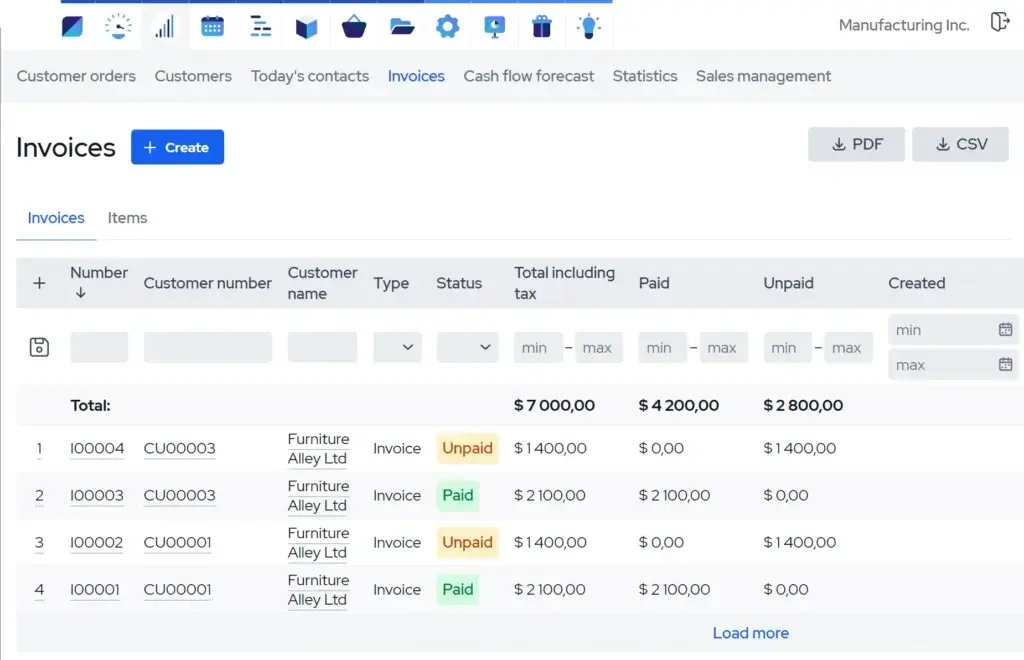MRPeasy invoices screen with paid and unpaid customer invoices