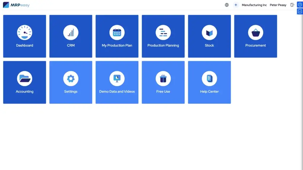 MRPeasy start page with production, stock, procurement, and accounting modules