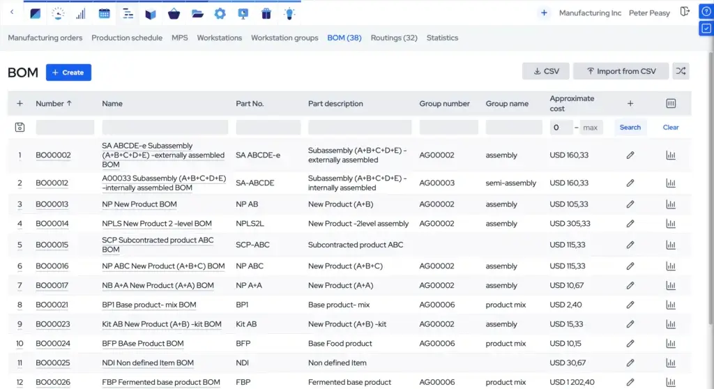 MRPeasy bill of materials list with part costs and BOM records