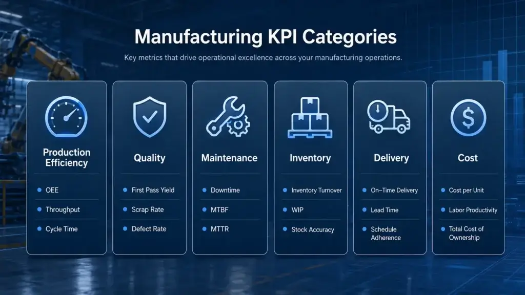 Manufacturing KPI categories for production quality maintenance inventory delivery and cost