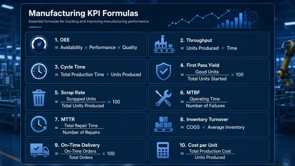 Manufacturing KPI formulas for OEE scrap rate first pass yield MTTR and inventory turnover