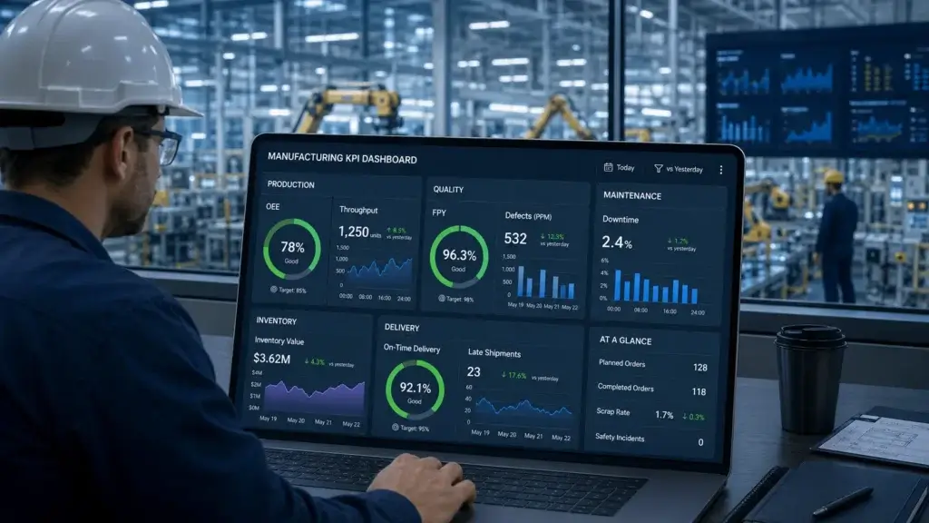 Example manufacturing KPI dashboard for plant managers and production teams