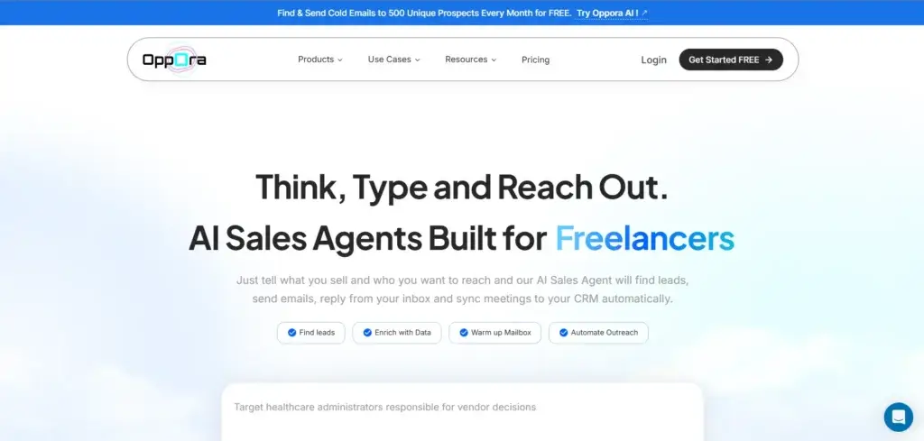 Oppora.ai homepage promoting AI sales agents for lead finding, data enrichment, mailbox warm-up, and outreach
