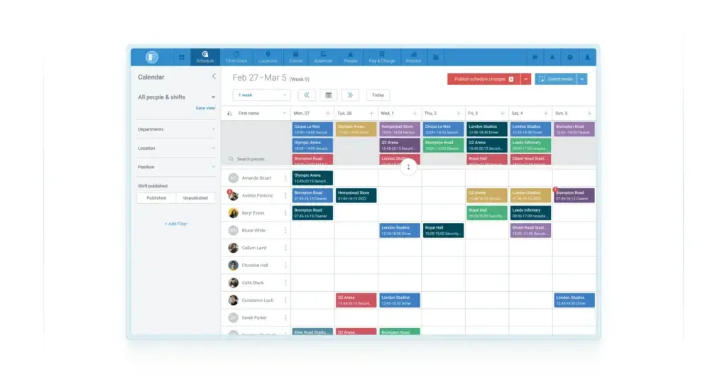 Parim calendar dashboard showing weekly staff shifts and locations
