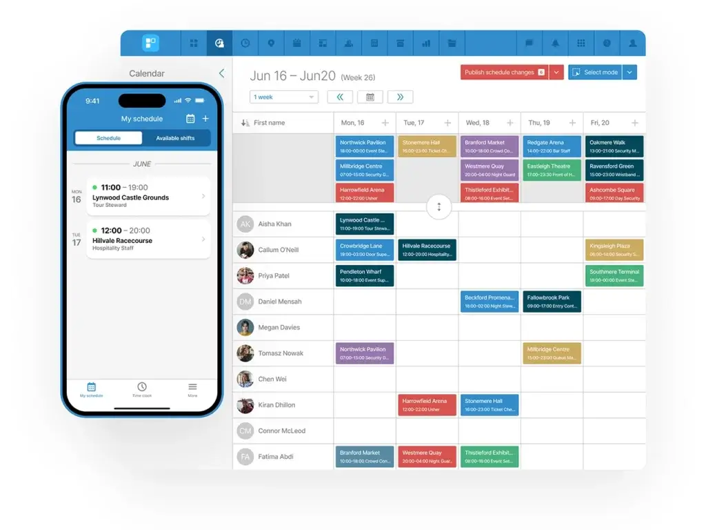 Parim mobile app and desktop schedule showing employee shifts
