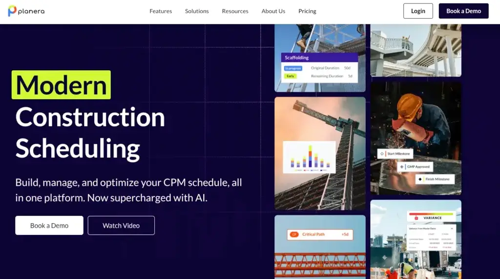 Planera homepage showing AI-powered CPM construction scheduling and project milestone controls