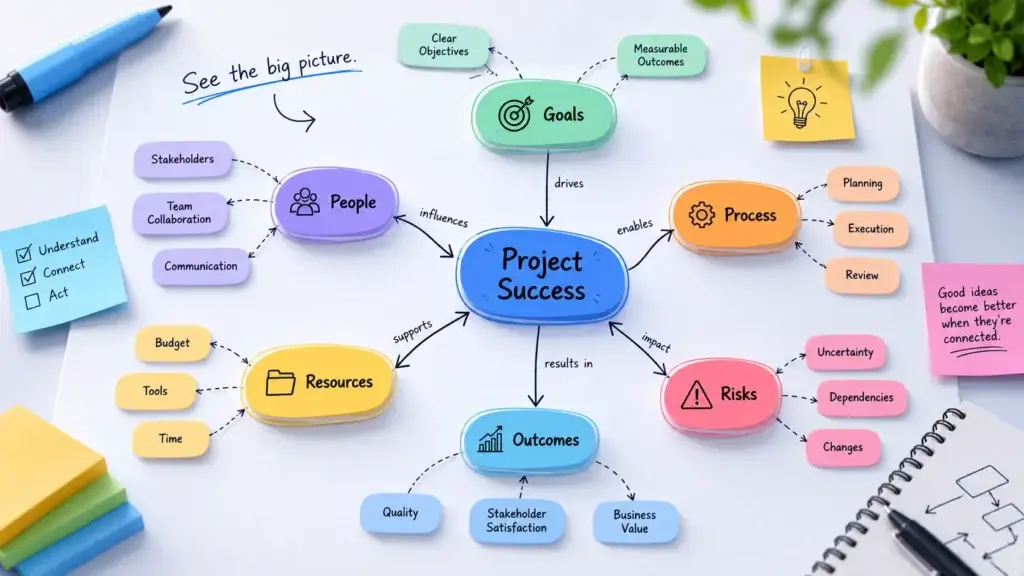 Project success concept map with goals, people, resources, risks, and outcomes