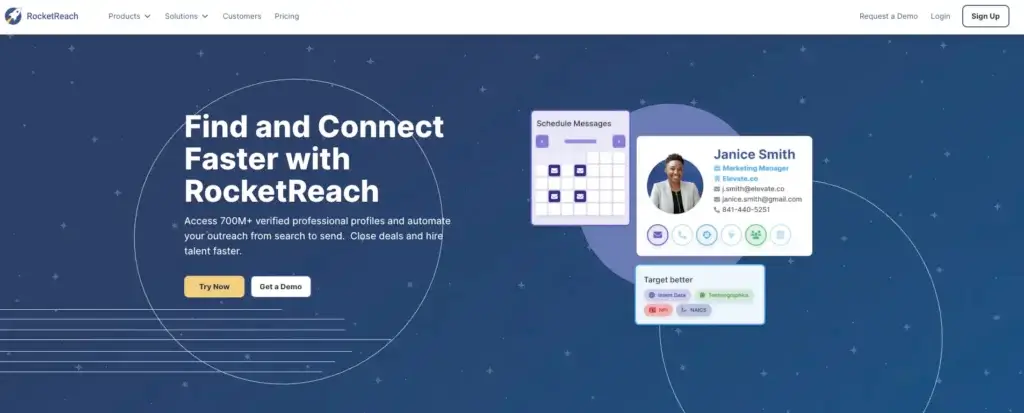 RocketReach homepage showing verified professional profiles, contact details, outreach scheduling, and targeting tools