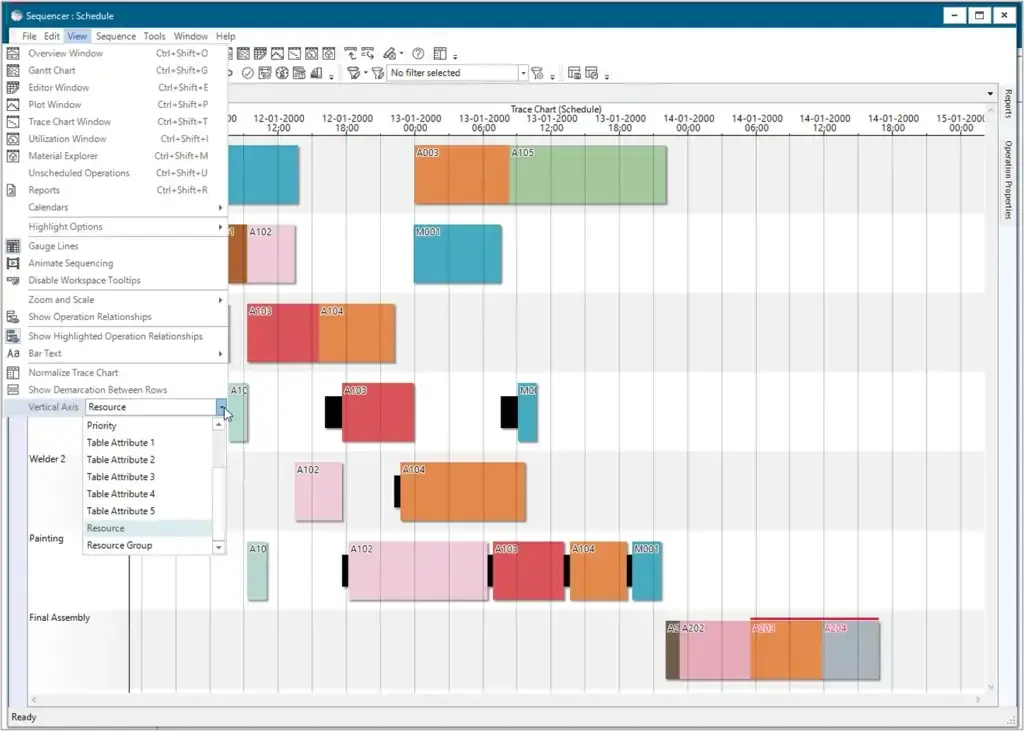 Siemens Opcenter APS sequencer schedule with Gantt chart and resource menu