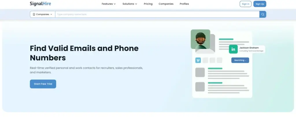 SignalHire platform showing real-time search for verified professional emails, phone numbers, and profile information