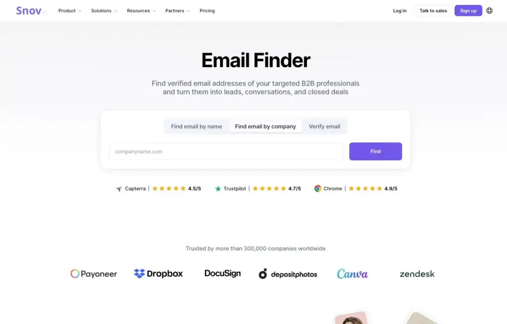 Snov.io homepage showing lead discovery, email and phone enrichment, AI prospecting, and outreach automation