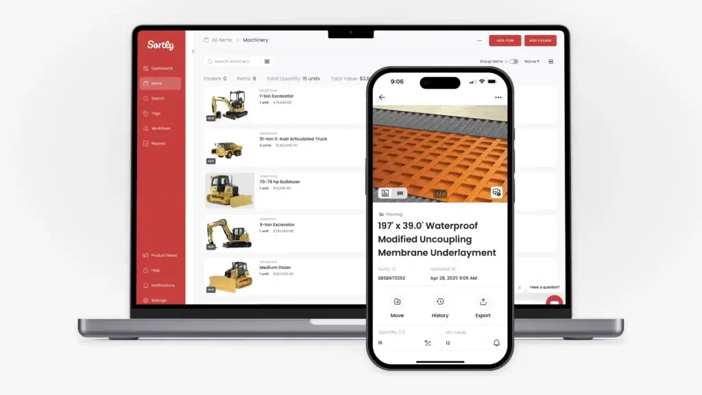 Sortly desktop and mobile inventory views with item details, machinery list, and quantity tracking