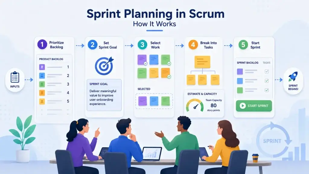 Scrum sprint planning process with backlog, sprint goal, selected work, tasks, and team capacity