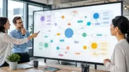Team reviewing a concept map on a large digital whiteboard