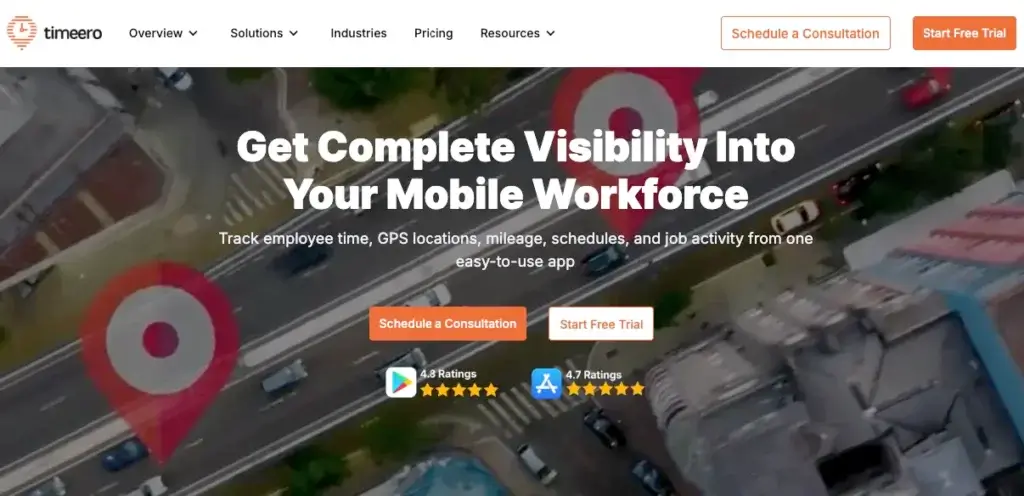 Timeero homepage showing GPS time tracking, mileage, scheduling, and mobile workforce management