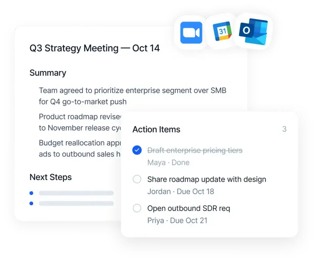 Transkriptor meeting summary with action items and calendar integrations