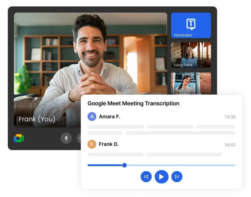 Transkriptor transcribing a Google Meet conversation with speaker labels and timestamps