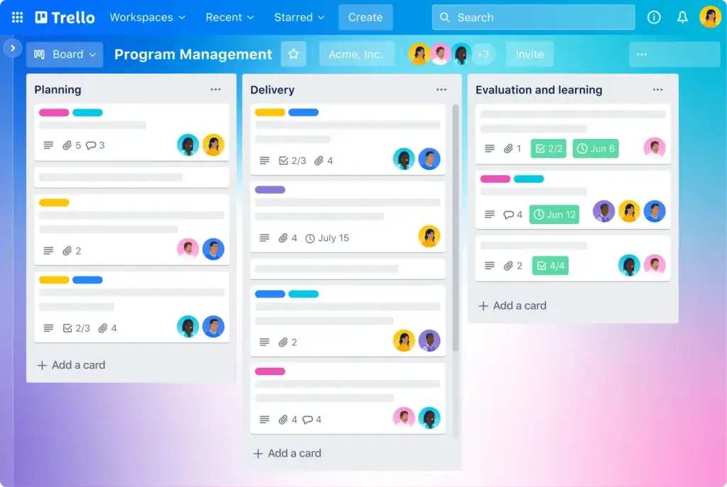 Trello program management board with planning, delivery, and evaluation workflow stages