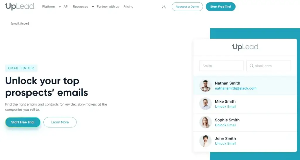 UpLead email finder showing professional contact search results with verified business email addresses