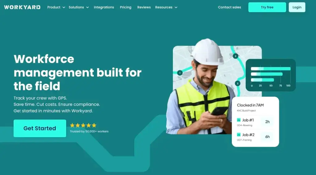 Workyard homepage showing GPS workforce tracking and construction job time records
