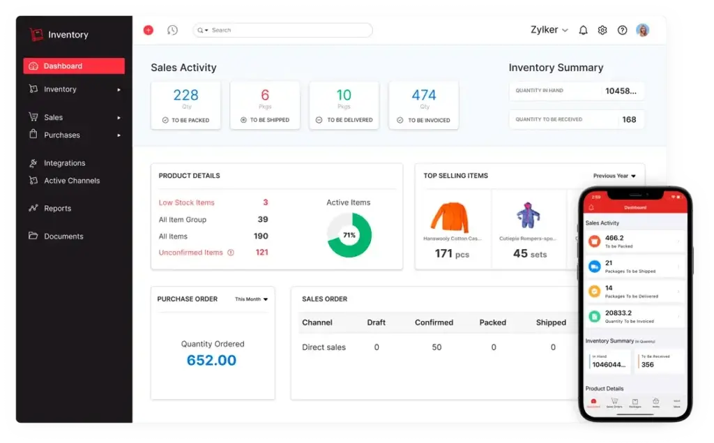 Zoho Inventory dashboard showing sales activity, stock summary, product details, and mobile inventory view