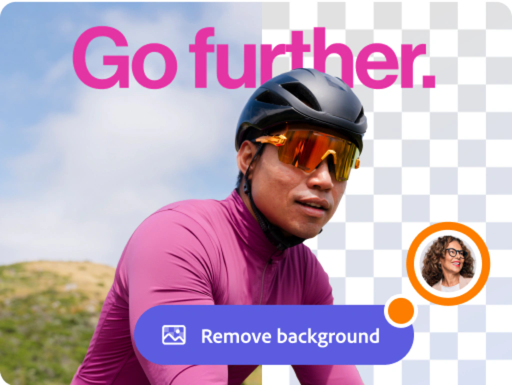 Adobe Express background removal preview featuring a cyclist and transparent checkerboard background