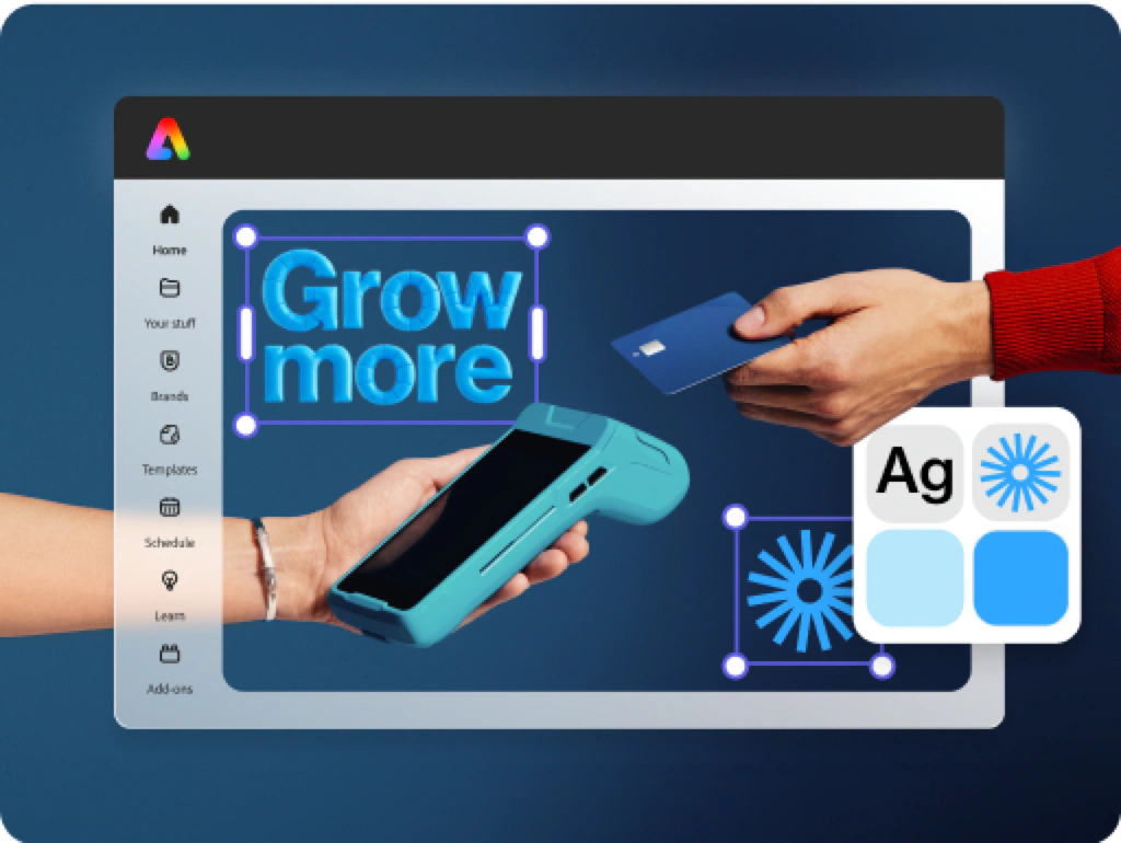 Adobe Express editor mockup with a Grow more design, brand colors, and marketing imagery