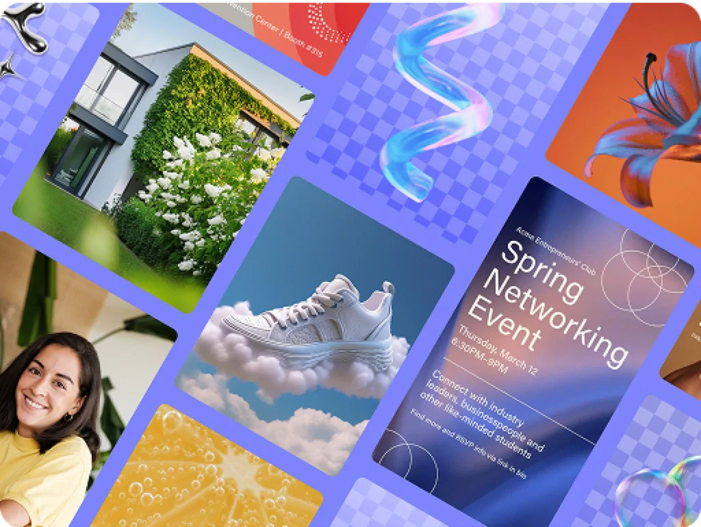 Adobe Express template collage with photography, event graphics, products, and abstract designs