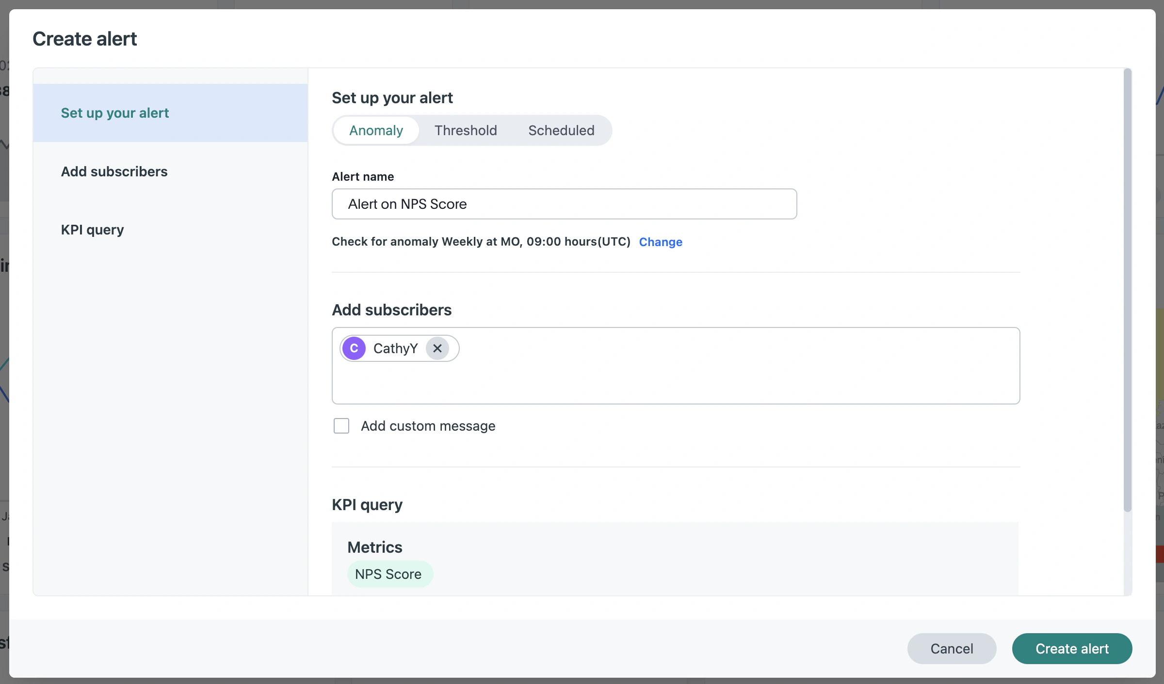 Alchemer alert setup for an NPS score anomaly with subscriber options