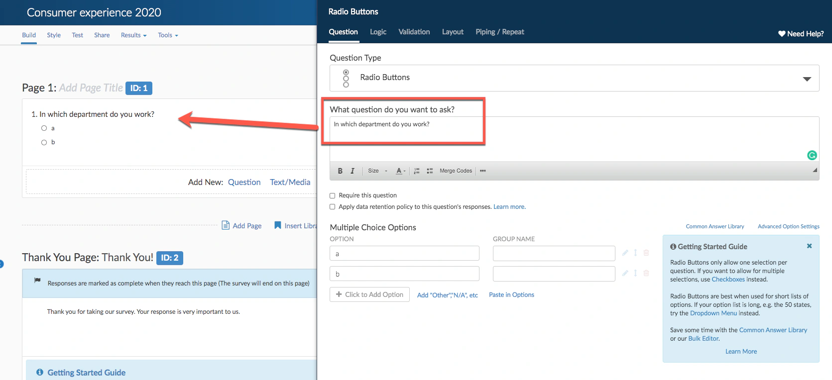 Alchemer survey builder editing a radio button question and answer options